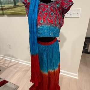Vibrant Red and Blue Lehenga Choli
